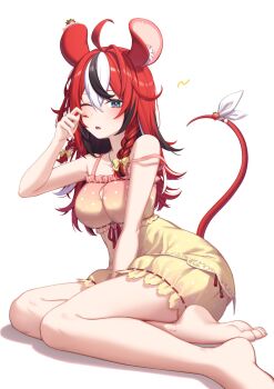 1girl animal_ears babydoll barefoot black_hair blue_eyes breasts cleavage cleavage_cutout clothing_cutout commentary english_commentary feet full_body hakos_baelz hakos_baelz_(strawberry_onesie) highres hololive hololive_english long_hair looking_at_viewer mouse_ears mouse_girl mouse_tail multicolored_hair official_alternate_costume one_eye_closed ope open_mouth pink_babydoll polka_dot polka_dot_babydoll polka_dot_shorts red_hair resu_desu shorts simple_background sitting sleepwear soles solo strap_slip streaked_hair tail toes virtual_youtuber wariza white_background white_hair yellow_babydoll