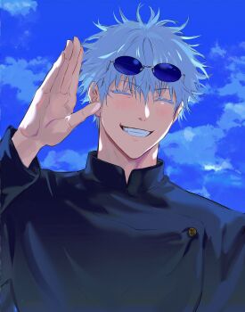 1boy 99round absurdres blue-tinted_eyewear blush closed_eyes closed_mouth cloud colored_eyelashes eyelashes eyewear_on_head facing_viewer gojou_satoru hashtag-only_commentary highres jujutsu_kaisen jujutsu_tech_uniform male_focus round_eyewear short_hair sky smile solo teeth tinted_eyewear upper_body white_eyelashes white_hair
