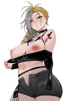 1girl belt blonde_hair breasts choker clothes_pull ear_piercing fishnet_pantyhose fishnets glitch_stars grey_hair heart highres large_breasts midriff multicolored_hair myth1carts nipples open_belt open_clothes open_shorts pantyhose piercing pointy_ears purple_eyes scar scar_on_arm scar_on_breasts scar_on_chest scar_on_shoulder shirt_down shirt_pull shorts starry_sky_print sunny_splosion two-tone_hair virtual_youtuber white_background