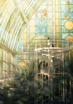 1girl absurdres artist_name banana_tree commentary_request day dog dress greenhouse highres indoors nao1524 original palm_tree scenery solo spiral_staircase stained_glass stairs sunlight tree username very_wide_shot white_dress