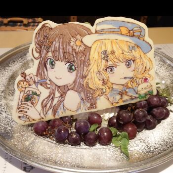 2girls alternate_eye_color belcorno blonde_hair blue_eyes blunt_bangs bow breasts brown_hair cherry commentary_request daisy_(flower) derivative_work dot_nose drink drinking_straw earrings flat_chest flower food food_request from_side fruit furrowed_brow gochuumon_wa_usagi_desu_ka? green_eyes hair_bow hair_flower hair_ornament hairclip hat hat_bow holding holding_drink holding_drinking_straw jewelry kirima_syaro koi_(koisan)_(style) lemon light_blush long_hair looking_at_viewer medium_breasts medium_hair multiple_girls multiple_hair_clips official_alternate_costume official_alternate_hairstyle photo_(medium) sidelocks simple_background smile ujimatsu_chiya upper_body wavy_mouth