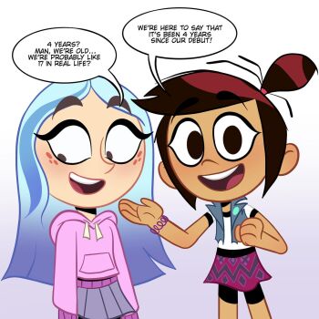 2girls andrea_davenport blue_hair bracelet brown_hair clenched_hand commentary drawstring english_commentary english_text eyeshadow feet_out_of_frame freckles hair_tie high_ponytail highres hood hoodie jewelry joseartcentenoofficial long_hair looking_at_viewer makeup molly_mcgee multiple_girls nose open_mouth pink_hoodie pleated_skirt ponytail purple_eyeshadow raised_eyebrows ringer_t-shirt shirt short_hair short_ponytail skirt smile speech_bubble teeth the_ghost_and_molly_mcgee tongue toon_(style) torn_vest upper_teeth_only