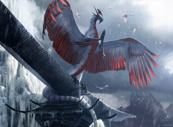 Rule 34 | architecture, bird, chase stone, claws, cloud, cloudy sky, commentary, dragon, dragon tail, dragonlord ojutai, east asian architecture, english commentary, feathered arms, feathered dragon, feathered wings, flock, ice, icicle, magic: the gathering, meditation, monster, monster focus, mountain, no humans, official art, praying, red wings, sky, standing, tail, talons, white dragon, wings