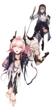 2girls absurdres all_fours ass black_pantyhose breasts brown_eyes brown_hair crossed_legs defeat femdom full_body highres holding horns invisible_chair jewelry leash long_hair long_sleeves looking_at_viewer multiple_girls multiple_rings mumuy no_shoes open_mouth original pantyhose pink_eyes pink_hair ring shirt simple_background sitting sitting_on_person torn_clothes transparent_background white_shirt yuri