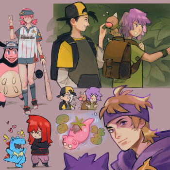 1girl 4boys ^_^ backpack backwards_hat bag baseball_bat black_hair blonde_hair brown_bag bugsy_(pokemon) closed_eyes closed_mouth commentary english_commentary ethan_(pokemon) flying_sweatdrops gen_1_pokemon gen_2_pokemon gengar grin hat headband heart highres holding holding_baseball_bat kneehighs lily_pad long_hair miltank monkii_(mjooolnina) morty_(pokemon) multiple_boys multiple_views nintendo oddish pink_hair pokemon pokemon_(creature) pokemon_hgss purple_hair purple_headband red_(pokemon) red_hair shirt shoes short_hair short_sleeves shorts silver_(pokemon) slowpoke smile socks standing sweatdrop teeth totodile twintails weedle whitney_(pokemon) wristband