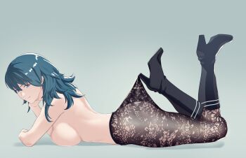 1girl absurdres arm_support back blue_eyes blue_hair boots breast_press breasts feet_up female_byleth_(fire_emblem) fire_emblem fire_emblem:_three_houses grey_background high_heels highres lace_pantyhose_hooked_on_heel_(meme) large_breasts long_hair looking_at_viewer lying medium_hair meme nintendo on_stomach only_pantyhose pantyhose pomelomelon smile solo the_pose topless_female