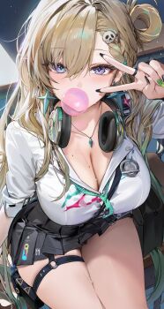 1girl black_nails black_skirt blonde_hair blowing_bubble_gum braid braided_bangs breasts chewing_gum cleavage commentary earrings fingernails hair_between_eyes hair_ornament hand_up headphones headphones_around_neck highres jewelry large_breasts long_fingernails long_hair looking_at_viewer lynae_(wuthering_waves) mo:oku nail_polish necklace purple_eyes shirt skirt skull_hair_ornament solo star_(symbol) star_earrings symbol-only_commentary thighs white_shirt wuthering_waves