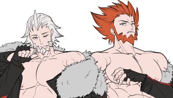 Rule 34 | 2boys, bara, bare pectorals, beard, blue eyes, chamma yohani, collarbone, commentary request, dual persona, facial hair, fingerless gloves, gloves, highres, korean commentary, large pectorals, lysandre (pokemon), male focus, multiple boys, muscular, muscular male, nintendo, nipples, one eye closed, orange hair, pectorals, pokemon, pokemon legends: z-a, pokemon xy, simple background, upper body, white background, white hair