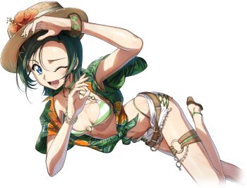 1girl ;d arm_up bikini blue_eyes bracelet breasts cleavage code_geass code_geass:_lost_stories code_geass:_soubou_no_oz company_name copyright_name copyright_notice day f4samurai green_hair green_nails hair_between_eyes hat highres jewelry logo nail_polish official_art one_eye_closed open_mouth outdoors shirt short_shorts short_sleeves shorts smile sokkia_sherpa solo swimsuit tied_shirt