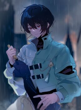 1boy beads black_hair black_shirt blue_shirt commentary_request eichi_turnr ensemble_stars! folded_umbrella hair_between_eyes hand_up highres holding holding_umbrella korean_commentary lancetta_(ensemble_stars!) layered_clothes long_sleeves male_focus official_alternate_costume outdoors puffy_long_sleeves puffy_sleeves rain red_eyes sakuma_ritsu shirt sleeve_slit solo tassel two-tone_shirt umbrella upper_body wet white_shirt