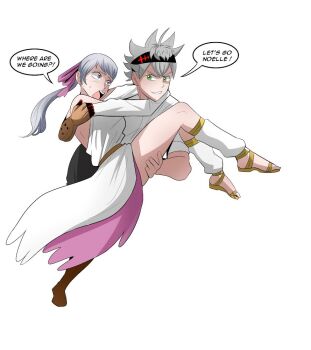 1boy 1girl arms_around_neck asta_(black_clover) black_clover couple hand_on_leg headband hetero holding_partner noelle_silva twintails