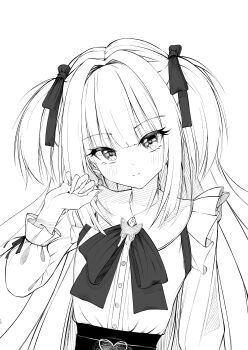Rule 34 | 1girl, absurdres, alternate costume, blunt bangs, blush, bow, bowtie, butterfly ornament, closed mouth, commentary request, earrings, eyelashes, eyes visible through hair, frilled shirt, frills, greyscale, hair bow, hair intakes, hand up, highres, huge bow, jewelry, jirai kei, long hair, long sleeves, looking at viewer, monochrome, murasame (senren), senren banka, shirt, sidelocks, simple background, smile, solo, split mouth, straight hair, two side up, uoouchan, upper body, white background