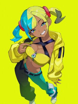 1girl aqua_hair belt blonde_hair blue_eyes breasts canari_(pokemon) cleavage contrapposto cropped_jacket from_above grin hand_up highres jacket medium_breasts multicolored_nails neaghelly_stn nintendo pants pokemon pokemon_legends:_z-a simple_background smile solo standing twintails two-tone_pants yellow_background yellow_jacket zipper_pull_tab