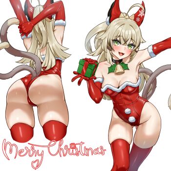 1girl absurdres ahoge alternate_costume ass bare_shoulders bell blush breasts burnt_hair cleavage commentary commission cropped_legs elbow_gloves english_commentary from_behind fur-trimmed_gloves fur-trimmed_leotard fur_trim genshin_impact gift gloves green_eyes grey_tail hair_between_eyes hand_up highres holding holding_gift kirara_(genshin_impact) leotard long_hair looking_at_viewer medium_breasts merry_christmas multiple_tails multiple_views neck_bell open_mouth outstretched_arm red_gloves red_leotard red_thighhighs simple_background strapless strapless_leotard stretching tail thighhighs two_tails white_background zancrowkami