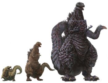 absurdres age_progression all_fours claws full_body giant giant_monster glowing godzilla godzilla_(series) highres kaiju long_tail monster multiple_heads multiple_persona no_humans shin_godzilla simple_background size_chart size_comparison size_difference spikes tail tail_head toho transformation ultra-taf very_long_tail white_background