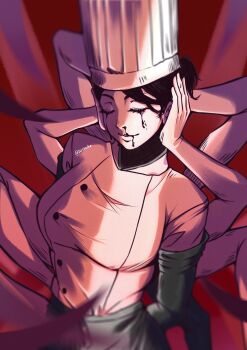 Rule 34 | 1girl, absurdres, black blood, black hair, blood, blood from mouth, bloody tears, breasts, chainsaw man, chef hat, closed eyes, cowboy shot, disembodied head, extra arms, falling devil (chainsaw man), hashtag-only commentary, hat, highres, holding, holding detached head, jacket, kuraedo, medium breasts, nose, nosebleed, parted lips, red background, short hair, smile, solo, white jacket