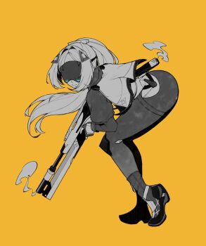 1girl ass black_gloves black_pants blindfold_mask commentary english_commentary fingerless_gloves frze18 gloves greyscale_with_colored_background gun hair_intakes hair_ornament highres holding holding_weapon hunched_over juliet_sleeves knee_pads leggings long_hair long_sleeves mask pants ponytail puffy_sleeves rifle shoes smoke smoking_barrel solo triangle_hair_ornament trigger_(zenless_zone_zero) weapon yellow_background zenless_zone_zero