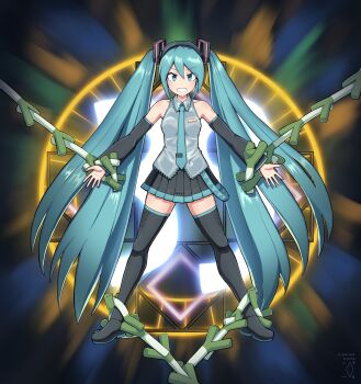 1girl 39 aqua_eyes aqua_hair aqua_nails aqua_necktie artist_logo bare_shoulders black_background black_skirt black_sleeves black_thighhighs boots chain chained clenched_teeth collarbone commentary dated detached_sleeves digiral english_commentary exodia_the_forbidden_one glowing grey_shirt grey_skirt hair_ornament hatsune_miku highres logo long_hair looking_at_viewer magic_circle miniskirt nail_polish necktie outstretched_hand parody piano_print pleated_skirt portrait restrained scowl shirt shoulder_blush shoulder_tattoo skindentation skirt sleeveless sleeveless_shirt solo spring_onion square standing straight-on tattoo teeth thigh_boots thighhighs twintails upper_body v-shaped_eyebrows very_long_hair vocaloid yu-gi-oh! zettai_ryouiki