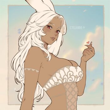 1girl absurdres animal_ears armpit_crease artist_name border breasts cleavage commentary dark-skinned_female dark_skin english_commentary final_fantasy final_fantasy_xiv finger_heart fingernails heart highres long_fingernails looking_at_viewer medium_breasts outside_border parted_lips rabbit_ears red_eyes sideboob solo strapless tube_top upper_body viera warrior_of_light_(ff14) white_hair white_tube_top yiiande