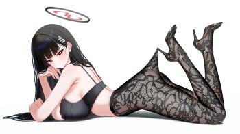 1girl absurdres alternate_costume ass black_hair black_halo black_pantyhose black_shoes blue_archive breasts bright_pupils floral_print_pantyhose from_side hair_ornament hairclip halo high-waist_pantyhose high_heels highres hooked_on_heel lace lace_pantyhose lace_pantyhose_hooked_on_heel_(meme) large_breasts long_hair looking_at_viewer lying meme millennium_science_school_logo mizikayo multicolored_halo on_stomach pantyhose pantyhose_tug red_eyes rio_(blue_archive) shoes simple_background solo strappy_heels the_pose two-tone_halo white_background white_pupils