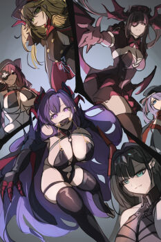 6+girls admiral_hipper_(azur_lane) admiral_hipper_(retrofit)_(azur_lane) azur_lane beret black_hat black_hood black_horns black_one-piece_swimsuit black_thighhighs blonde_hair blue_eyes breast_curtains breasts closed_mouth commentary_request cross elbow_gloves epaulettes eyepatch gloves goetz_von_berlichingen_(azur_lane) green_eyes hat highres horns iron_cross large_breasts long_hair looking_at_viewer military_uniform mole mole_under_eye mole_under_mouth multiple_girls one-piece_swimsuit pink_gloves prinz_moritz_(azur_lane) purple_eyes purple_hair red_hair red_horns shika_(shika0) sideboob sketch small_breasts smile swimsuit thighhighs u-2501_(azur_lane) z14_(azur_lane) z15_(azur_lane)