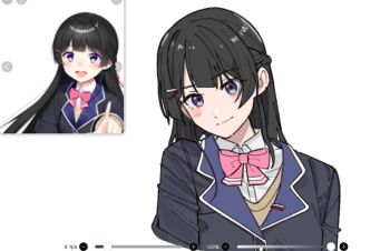 1girl black_hair black_jacket bow bowtie braid brown_sweater closed_mouth collared_shirt commentary_request half_up_braid jacket looking_at_viewer nanami_(nunnun_0410) nijisanji pink_bow pink_bowtie purple_eyes reference_inset school_uniform shirt solo sweater tsukino_mito tsukino_mito_(1st_costume) upper_body virtual_youtuber white_shirt