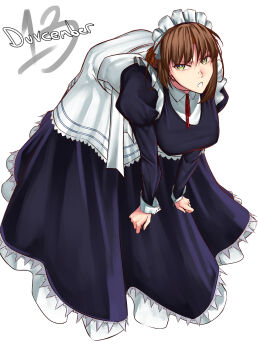 Rule 34 | 1girl, absurdres, bent over, bob cut, braid, brown hair, bun with braided base, commentary, dated, dress, duvalie, eiyuu densetsu, english commentary, english text, green eyes, hair bun, highres, maid, maid headdress, moren eh, sen no kiseki (series), short hair, simple background, single hair bun, solo, white background