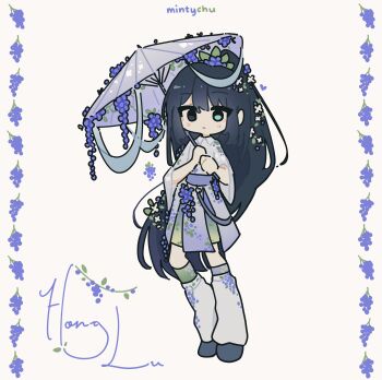 1boy absurdres alternate_costume black_eyes black_hair blue_eyes blue_shoes character_name collared_shirt crossdressing crossdressing_(mtf) flower food fruit full_body grapes green_socks heterochromia high_ponytail highres holding holding_umbrella hong_lu_(project_moon) leg_warmers limbus_company long_hair long_sleeves looking_at_viewer male_focus minty_chu ponytail project_moon purple_shirt purple_skirt purple_umbrella shirt shoes simple_background skirt socks solo standing umbrella white_background white_flower white_leg_warmers