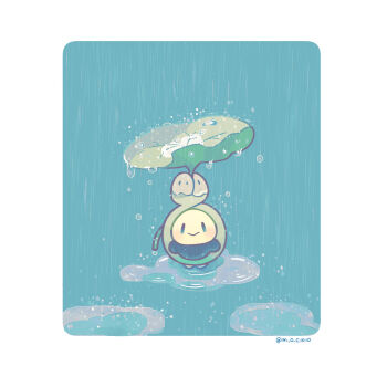 10moc10 :> blush border budew closed_mouth full_body gen_4_pokemon highres leaf nintendo no_humans pokemon pokemon_(creature) pokemon_focus puddle rain smile solo twitter_username water white_border