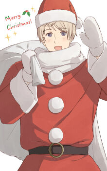 1boy axis_powers_hetalia bag belt blonde_hair blush brown_belt christmas coat commentary_request english_text fur-trimmed_gloves fur-trimmed_headwear fur-trimmed_sleeves fur_trim gift_bag gloves hands_up hat highres holding holding_bag long_sleeves looking_at_viewer male_focus merry_christmas open_mouth pom_pom_(clothes) purple_eyes red_coat red_hat russia_(hetalia) santa_costume santa_hat scarf short_hair simple_background smile solo standing white_background white_bag white_gloves white_scarf wide_sleeves ymgr64