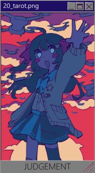 1girl absurdres ahoge arm_up black_skirt black_thighhighs blue_bow blue_bowtie blue_eyes blue_sailor_collar blush blush_stickers bow bowtie brown_hair card_(medium) cardigan cloud drone highres indie_virtual_youtuber judgement_(tarot) long_hair microsoft_windows neuro-sama non-web_source open_mouth pasharuu red_sky sailor_collar shirt skirt sky smile solo sun sunset swarm_drone_(neuro-sama) tarot tarot_(medium) thighhighs two_side_up virtual_youtuber white_shirt window_(computing) windows_95 windows_classic yellow_cardigan