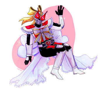 Rule 34 | 1boy, armor, belt, bow, crossdressing, crossdressing (mtf), frills, hand up, hazardlevei, heart, heart background, hearts in eyes, helmet, kamen rider, kamen rider den-o, kamen rider den-o (series), kamen rider pretty den-o, large bow, magical girl, male focus, mask, masked, masked male, momotaros, red armor, red eyes, ribbon, yellow bow, yellow ribbon
