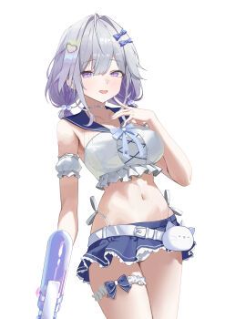 1girl absurdres ayatsuno_yuni bare_shoulders bead_choker beads belt bikini blue_sailor_collar blue_skirt bow bowtie breasts commentary_request cowboy_shot crop_top cross-shaped_pupils detached_sleeves frilled_shirt frilled_skirt frills gradient_hair grey_hair hair_ornament hand_up heart heart_hair_ornament highleg highleg_bikini highres holding holding_water_gun korean_commentary large_breasts long_hair looking_at_viewer low_twintails midriff miniskirt multicolored_hair navel open_mouth purple_eyes rahwol177 sailor_collar shirt short_sleeves short_twintails side-tie_bikini_bottom simple_background skirt sleeveless sleeveless_shirt smile solo stellive stomach string_bikini swimsuit symbol-shaped_pupils thigh_strap thighs twintails virtual_youtuber water_gun white_background white_shirt