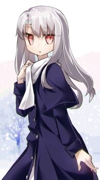 1girl blue_coat breasts coat commentary_request fate/stay_night fate_(series) highres illyasviel_von_einzbern long_hair looking_at_viewer open_mouth red_eyes scarf sidelocks small_breasts solo white_hair white_scarf yubeshi_(zecxl)