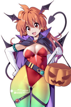 1girl :d alternate_costume bat_wings black_wings breasts bucket cape cleavage commentary commission demon_tail elbow_gloves english_commentary fang gloves green_pantyhose halloween head_wings highres holding holding_bucket hot_vr jack-o&#039;-lantern leotard lina_inverse long_hair looking_at_viewer medium_breasts open_mouth orange_hair pantyhose patreon_username purple_cape red_eyes red_leotard simple_background slayers smile solo subscribestar_username tail white_background white_gloves wings