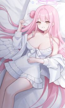 1girl absurdres angel_wings bare_shoulders blue_archive breasts cleavage collarbone commentary_request dress feathered_wings gomzzit hair_bun halo hand_on_own_stomach highres incredibly_absurdres large_breasts long_hair low_wings lying mika_(blue_archive) on_back open_mouth pillow pink_hair pink_halo single_hair_bun single_side_bun smile solo very_long_hair white_dress white_wings wings yellow_eyes