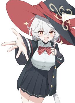 1girl absurdres black_jacket black_skirt blue_archive blush bow braid breasts collared_shirt commentary_request diagonal-striped_bow diagonal-striped_clothes dot_nose earrings eri_(blue_archive) hair_between_eyes halo hat hat_ribbon highres jacket jewelry kakago large_breasts long_hair looking_at_viewer open_mouth orange_eyes pleated_skirt reaching reaching_towards_viewer red_bow red_ribbon ribbon shirt simple_background single_earring skirt smile solo striped_bow striped_clothes tilted_halo very_long_hair white_background white_hair white_halo white_shirt witch_hat