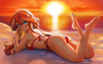 Rule 34 | 1girl, :d, ass, back, backlighting, bare arms, bare legs, bare shoulders, barefoot, beach, bikini, blonde hair, blue eyes, boosty username, breast press, breasts, commentary, dark-skinned female, dark skin, double-parted bangs, english commentary, eyelashes, fingernails, from behind, grin, hair between eyes, hand on own cheek, hand on own face, hand up, holding, holding own hair, knees together feet apart, lips, long hair, looking at viewer, lying, medium breasts, multicolored hair, my little pony, my little pony: equestria girls, my little pony: friendship is magic, ocean, on stomach, open mouth, orange sky, orange theme, outdoors, racoon-kun, raised eyebrow, red bikini, red hair, sand, shadow, side-tie bikini bottom, sideboob, sky, smile, solo, streaked hair, sun, sunset, sunset shimmer, sunset shimmer (human), swimsuit, the pose, toenails, toes, tsurime, two-tone hair, very long hair, water, watermark, wavy hair, web address