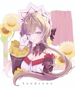 1girl bare_shoulders black_bow black_collar blue_eyes bow brown_hair center_frills character_name closed_mouth collar commentary cropped_torso detached_collar detached_sleeves dress flower frilled_sleeves frills gem genshin_impact gloves hair_bow hand_on_own_face headdress highres long_sleeves looking_at_viewer miyamiyayaaaa red_gemstone sandrone_(genshin_impact) short_hair_with_long_locks solo strapless strapless_dress sunflower upper_body white_background white_gloves white_headdress