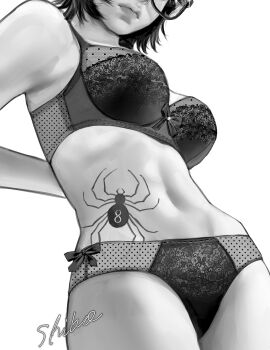 1girl adjusting_bra adjusting_clothes arms_behind_back artist_name black_bra black_hair black_panties bra closed_mouth feet_out_of_frame glasses greyscale head_out_of_frame highres hip_bones hunter_x_hunter lace lace_bra lace_panties lingerie lips monochrome navel panties rectangular_eyewear shiho_m429 shizuku_murasaki short_hair signature solo spider_tattoo stomach stomach_tattoo tattoo thighs underwear