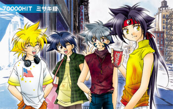 00s 4boys :d ;d ahoge alternate_costume american_flag bag bakuten_shoot_beyblade beyblade black_hair blue_hair building casual city closed_eyes cloud coca-cola cowboy_shot day drink drinking_straw eye_contact facial_mark fang flame_print freckles hair_between_eyes hair_ribbon hand_on_own_hip hands_in_pockets headphones headphones_around_neck high_collar hiwatari_kai holding jewelry kinomiya_takao kon_rei laughing lineup long_hair looking_at_another looking_at_viewer looking_back male_focus milestone_celebration mizuhara_max multicolored_hair multiple_boys necklace one_eye_closed open_clothes open_mouth open_shirt outdoors parted_lips plaid_clothes plaid_shirt playboy ponytail product_placement ray red_eyes ribbon scarf shirt short_hair sign silver_hair sky sleeveless sleeveless_shirt slit_pupils smile spiked_hair star_(symbol) star_print t-shirt two-tone_hair tyson tyson_granger united_states very_long_hair wink yellow_eyes yin_yang