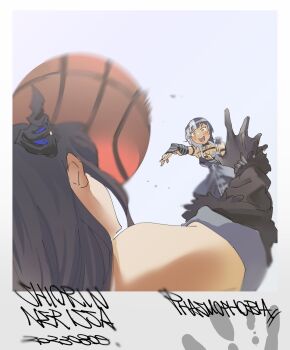 2girls asymmetrical_horns ball basketball basketball_(object) black_hair blue_hair blunt_bangs blush colored_inner_hair copyright_name highres hololive hololive_english horns long_hair multicolored_hair multiple_girls nerissa_ravencroft nerissa_ravencroft_(1st_costume) open_mouth phasmophobia se_t shiori_novella shiori_novella_(1st_costume) split-color_hair throwing two-tone_hair uneven_horns virtual_youtuber white_hair yellow_eyes