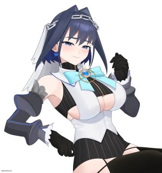 Rule 34 | 1girl, black gloves, black shirt, black sleeves, black thighhighs, blue bow, blue bowtie, blue eyes, blue gem, blue hair, bow, bow earrings, bowtie, breasts, chain, chain headband, closed mouth, clothing cutout, commentary, crop top, detached sleeves, earrings, english commentary, gem, gloves, gototo touma, hair between eyes, hair intakes, half-closed eyes, hand up, heart-shaped gem, highres, hololive, hololive english, jewelry, large breasts, light blush, light smile, looking at viewer, ouro kronii, ouro kronii (1st costume), pinstripe pattern, pinstripe shirt, shirt, short hair, simple background, sleeveless, sleeveless shirt, solo, thighhighs, twitter username, underboob cutout, veil, virtual youtuber, white background, white shirt, white veil
