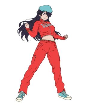 1girl aqua_shirt bambietta_basterbine black_hair bleach blue_hat breasts clenched_hands commentary converse cropped_jacket english_commentary full_body hair_over_one_eye hat highres jacket large_breasts midriff navel nekoranten official_alternate_costume pants peaked_cap purple_eyes quincy_(bleach) shirt sideways_hat sleeves_past_wrists solo sternritter track_jacket track_pants track_suit