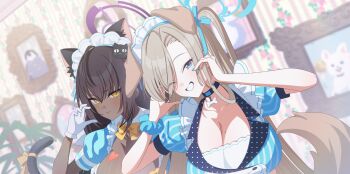 2girls animal_ears asuna_(blue_archive) black_hair blonde_hair blue_archive blue_eyes blue_halo blue_scrunchie blue_shirt breasts cat_ears cat_tail cleavage commentary_request dark-skinned_female dark_skin dog_ears dog_tail fake_animal_ears fake_tail gloves grin hair_over_one_eye halo highres kaerunrun karin_(blue_archive) large_breasts long_hair maid_headdress mole mole_on_breast multiple_girls purple_halo scrunchie shirt smile tail white_gloves yellow_eyes