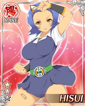 1girl :o arm_up armor bandage_on_nose bandages belt blue_dress blue_hair breasts brown_eyes card_(medium) chainmail dark-skinned_female dark_skin dress english_text game_cg goggles goggles_on_head green_belt henshin_pose hisui_(senran_kagura) large_breasts looking_at_viewer non-web_source official_alternate_costume official_art parted_bangs senran_kagura senran_kagura_new_wave shirt short_hair tan white_shirt