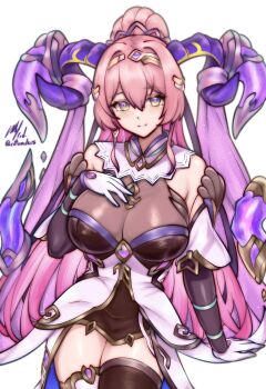 1girl artist_name black_thighhighs bodystocking breasts cleavage curved_horns detached_sleeves fire_emblem fire_emblem_heroes gloves goat_horns hand_on_own_chest highres horns large_breasts long_hair looking_at_viewer mismatched_thighhighs nerthuz_(fire_emblem) nintendo pink_hair ponytail purple_horns rotomdocs see-through_cleavage see-through_clothes smile solo thighhighs veil very_long_hair white_background white_gloves white_thighhighs