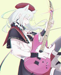 1girl :d animal_ears ascot bang_dream! bang_dream!_it&#039;s_mygo!!!!! beret black_capelet black_choker black_skirt black_wrist_cuffs blush buttons capelet cat_ears cat_girl choker chromatic_aberration closed_eyes collar commentary cowboy_shot crimiko earrings electric_guitar english_commentary fang floating floating_hair frilled_capelet frills from_side glint gold_trim green_brooch green_hair grey_pantyhose guitar hat highres holding holding_guitar holding_instrument holding_plectrum instrument jewelry kemonomimi_mode laces leaning_back leg_up long_sleeves mortis_(bang_dream!) mortis_(costume)_(bang_dream!) music no_mask open_mouth pantyhose pantyhose_under_shorts playing_instrument pleated_skirt plectrum profile red_collar red_hat red_shorts see-through_clothes see-through_sleeves shirt shorts shorts_under_skirt single_earring skirt smile solo sweatdrop wakaba_mutsumi white_ascot white_shirt white_sleeve_cuffs wrist_cuffs yellow_background