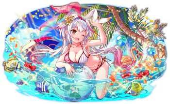 1girl 6+others animal_ears arm_up armpit_crease artist_request ball bare_arms bare_legs bare_shoulders barefoot beachball bent_over bikini bird black_straps blue_sky breasts bubble cel_shading checkered_bikini_top checkered_ribbon cleavage cloud crash_fever day earth_print eyelashes fake_animal_ears fish fish_request flamingo floral_print floral_print_bikini floral_print_ribbon flower flower-trimmed_bikini full_body game_cg gradient_hair hairband hibiscus hibiscus_petals large_breasts lens_flare light_rays long_hair looking_at_viewer milankovitch_(crash_fever) multicolored_bikini multicolored_hair multicolored_umbrella multiple_others navel number_print numbered official_art one_eye_closed outdoors outline palm_leaf palm_tree partially_submerged pink_bikini pink_eyes pink_hair print_bikini print_ribbon rabbit_ears rainbow red_outline reflection reflective_liquid ribbon side-tie_bikini_bottom sky solo_focus spaghetti_strap square square_print streaked_hair striped_bikini striped_clothes sunbeam sunburst sunlight swimsuit tachi-e teeth third-party_source tongue transparent_background tree two-tone_bikini two-tone_hairband umbrella upper_teeth_only vertical-striped_bikini vertical-striped_clothes vertical-striped_ribbon very_long_hair water white_hair yellow_petals