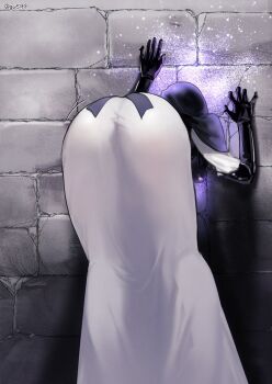 1girl ass ass_focus bent_over black_capelet black_gloves black_hood capelet charles_(gu599) commentary_request dress elden_ring elden_ring_nightreign from_behind gameplay_mechanics gloves highres korean_commentary licking motion_lines nun see-through_silhouette signature solo twitter_username undertaker_(elden_ring) white_dress